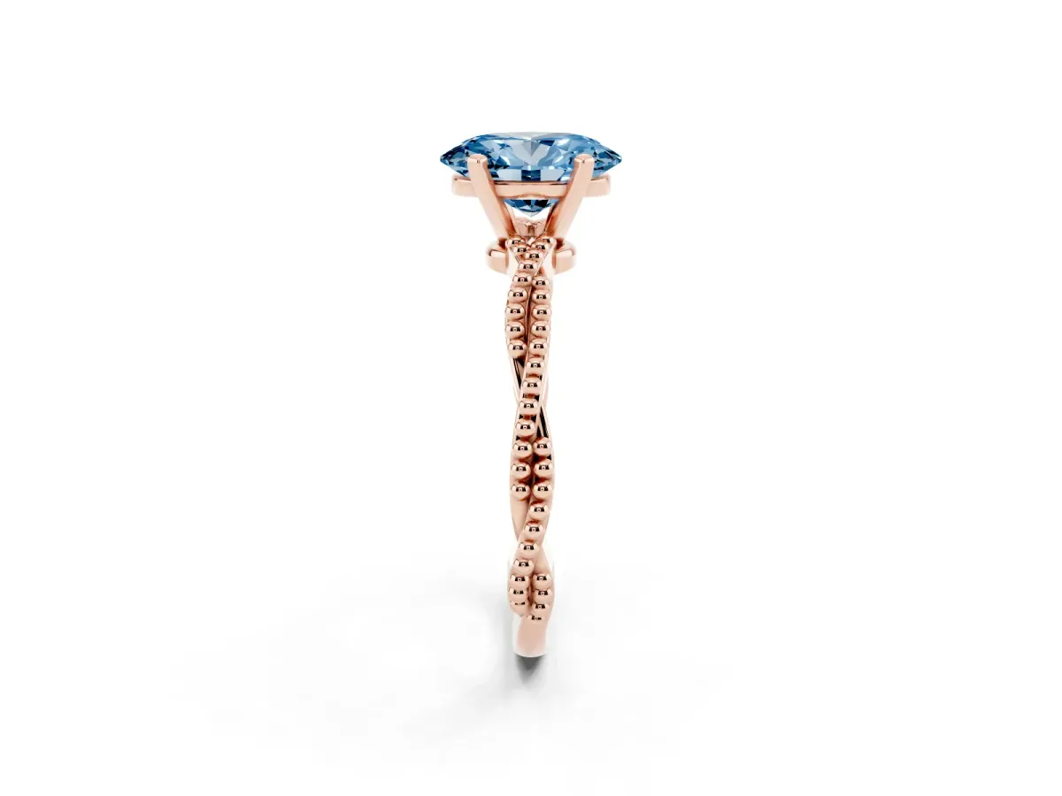 Fancy Blue Oval Cut Solitaire Twisted Band with Bead Prong Setting Rose gold
