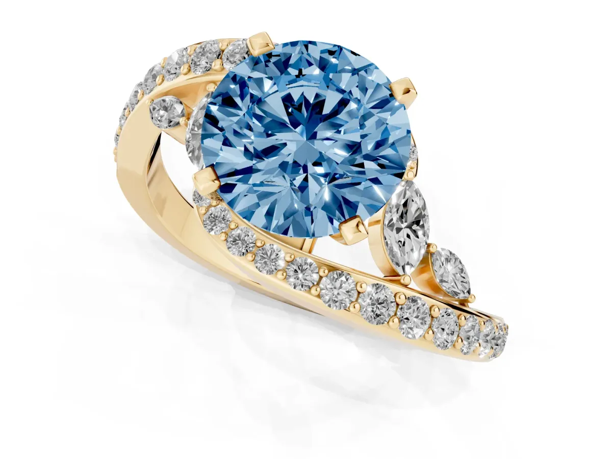 Fancy Blue Round Cut Solitaire with Pavé Twist Band and Four-Prong Setting Yellow gold