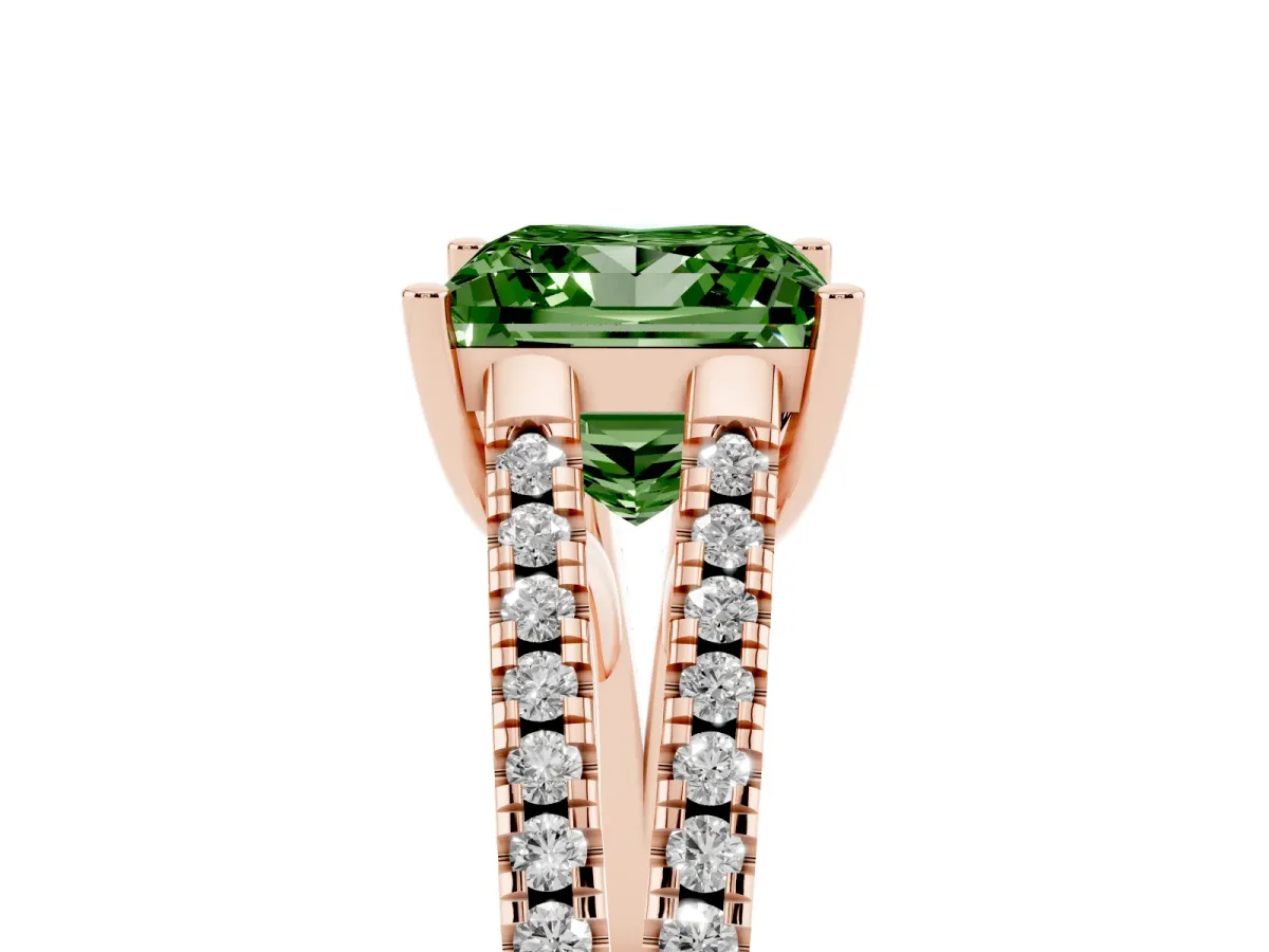 Fancy Green Princess Cut Diamond Solitaire Engagement Ring with Split Shank Pavé Band Rose gold