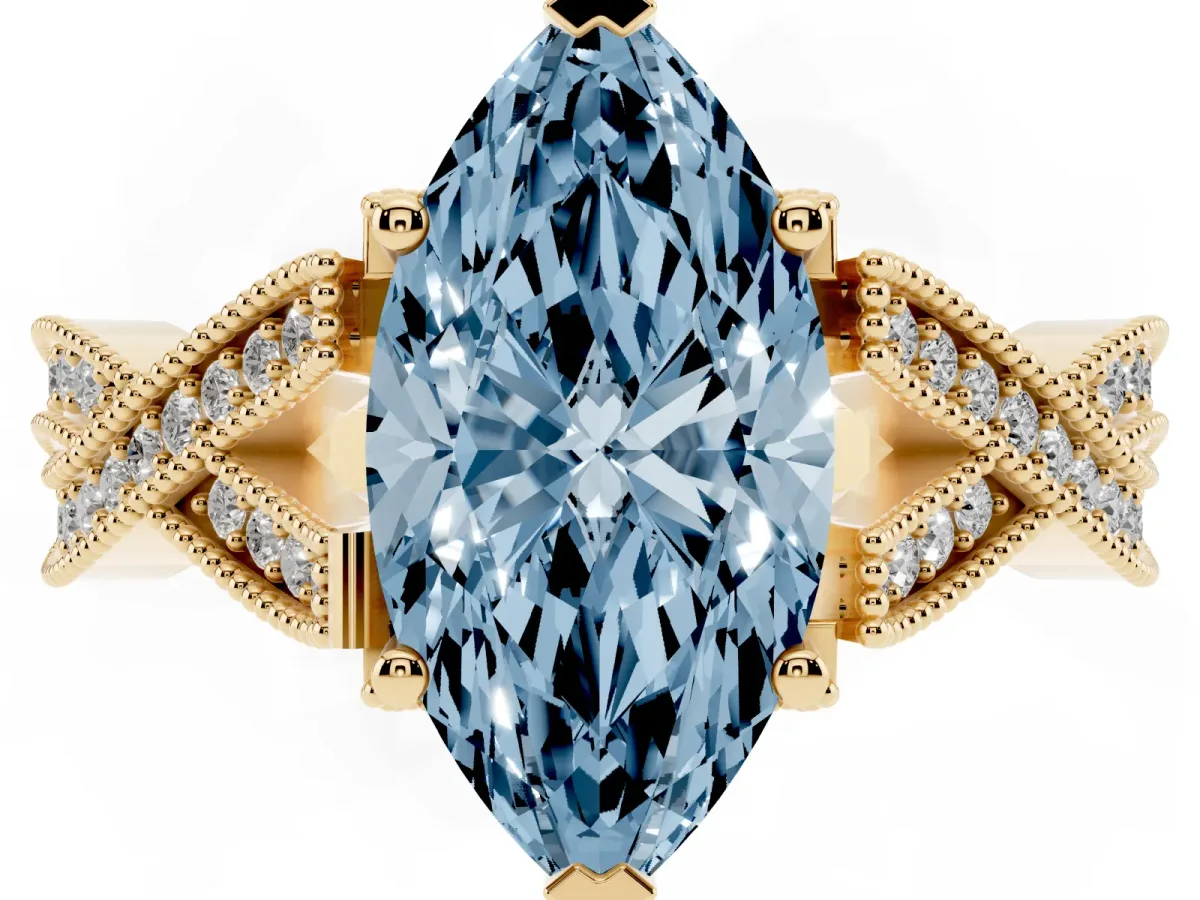Fancy Blue Marquise Cut Cut Diamond Twisted Band with Milgrain Pave Setting and Four-Prong Setting Yellow gold