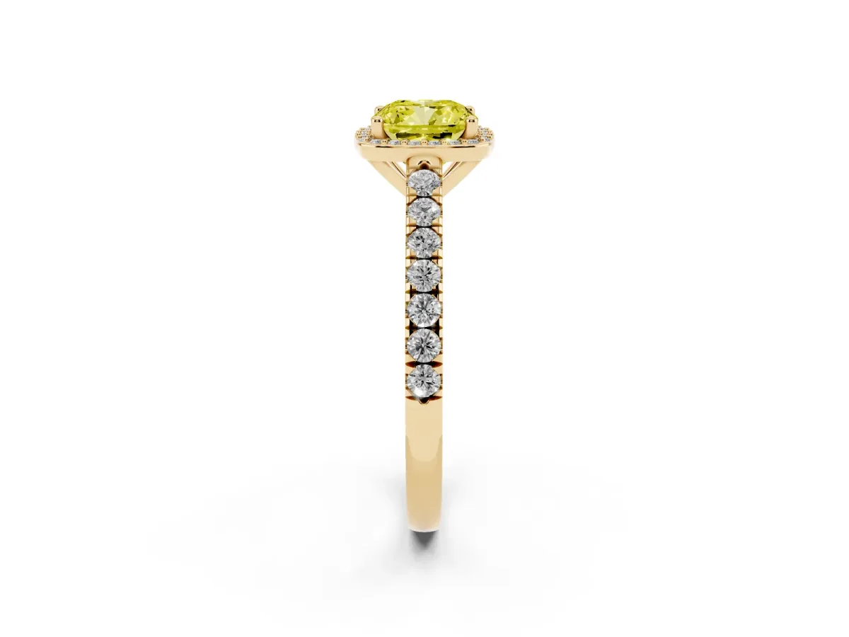 Fancy Yellow Cushion Cut Cut Halo Diamond Engagement Ring with Pave Band and Four-Prong Setting Yellow gold