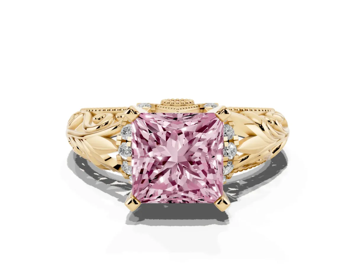 Fancy Pink Princess Cut Solitaire Filigree Engagement Ring with Halo and Prong Setting Yellow gold