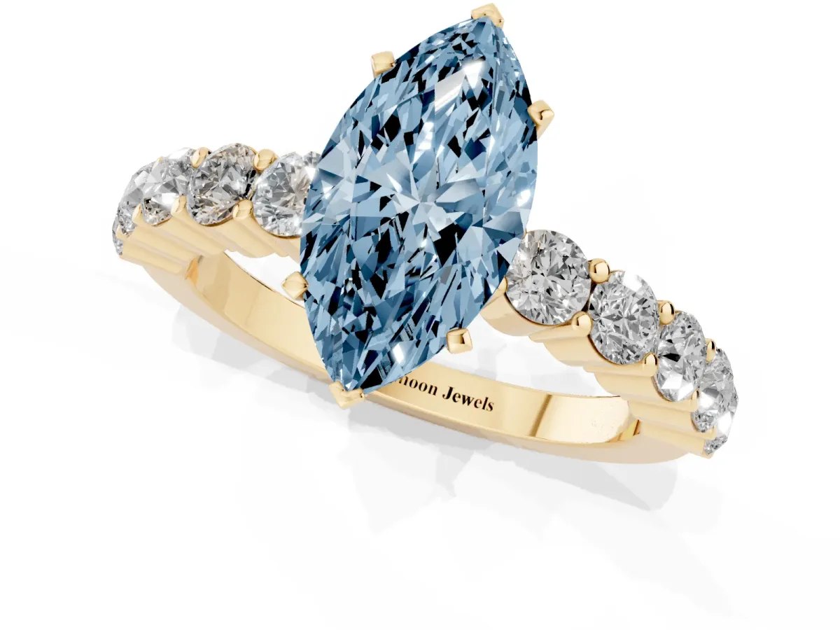 Fancy Blue Marquise Cut Diamond Solitaire Ring with Shared Prong Round Side Stones Yellow gold