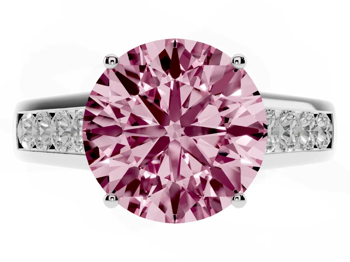Fancy Pink Round Cut Brilliant Channel-Set Solitaire Ring with Four-Prong Setting Silver