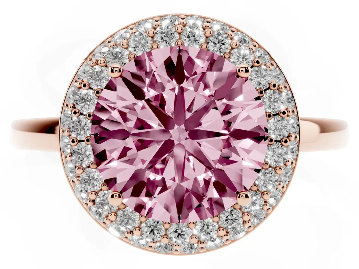 Fancy Pink Round Cut Halo Diamond Engagement Ring with Solitaire Band and Four-Prong Setting Rose gold