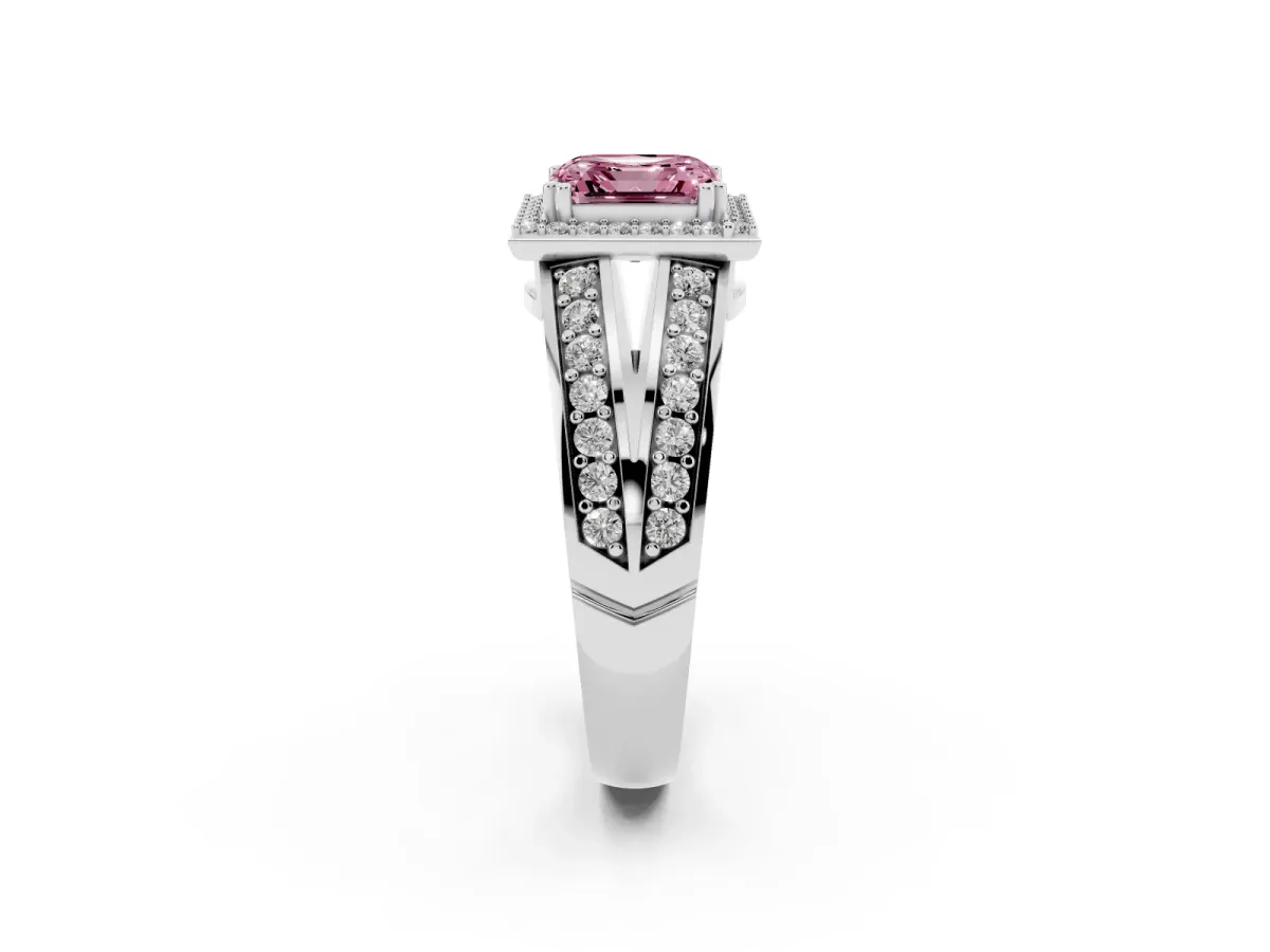Fancy Pink Asscher Cut Diamond Halo Ring with Split Shank Pavé Band and Four-Prong Setting Silver