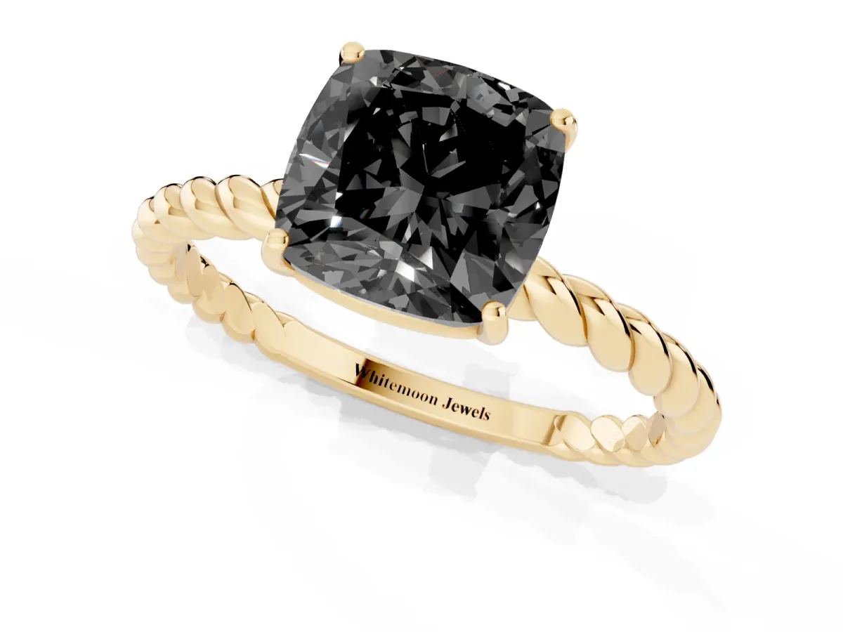 Fancy Black Cushion Cut Solitaire Twisted Band 4-Prong Ring Yellow gold