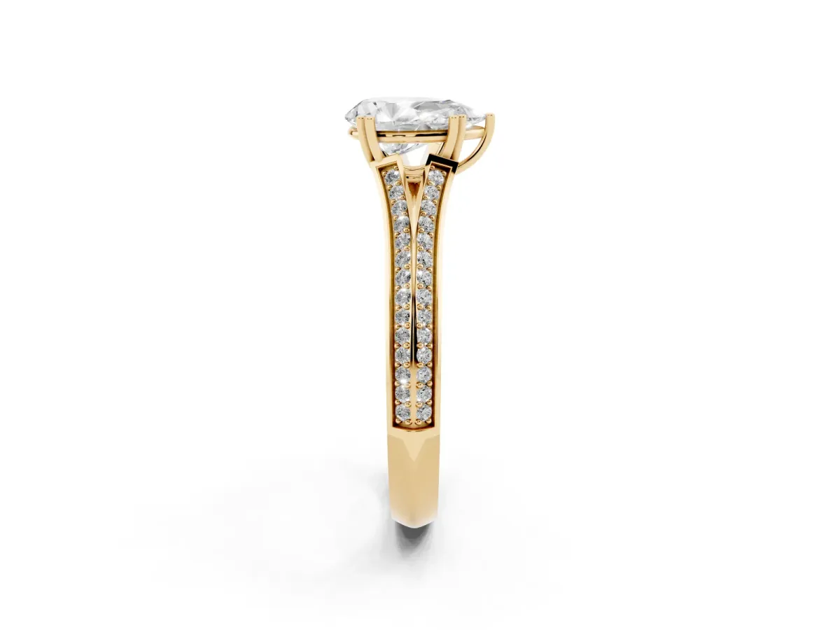 Pear Cut Diamond Split Shank Engagement Ring with Pavé Band Yellow gold