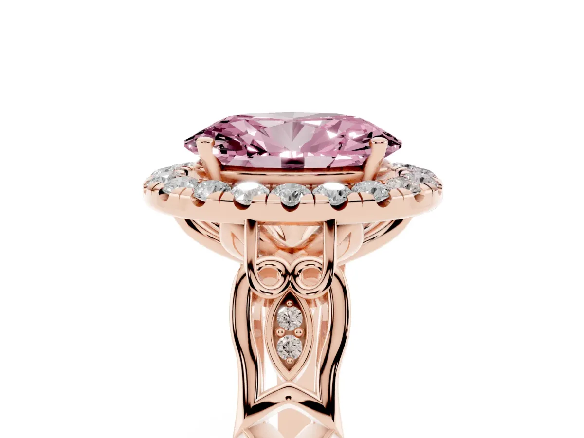 Fancy Pink Oval Cut Halo Diamond Engagement Ring with Filigree Band and Four-Prong Setting Rose gold
