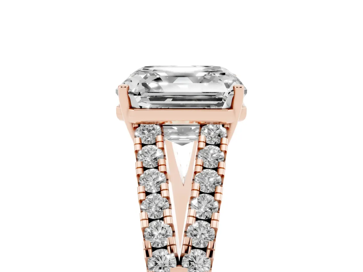 Asscher Cut Diamond Split Shank Pavé Engagement Ring with Four-Prong Setting Rose gold