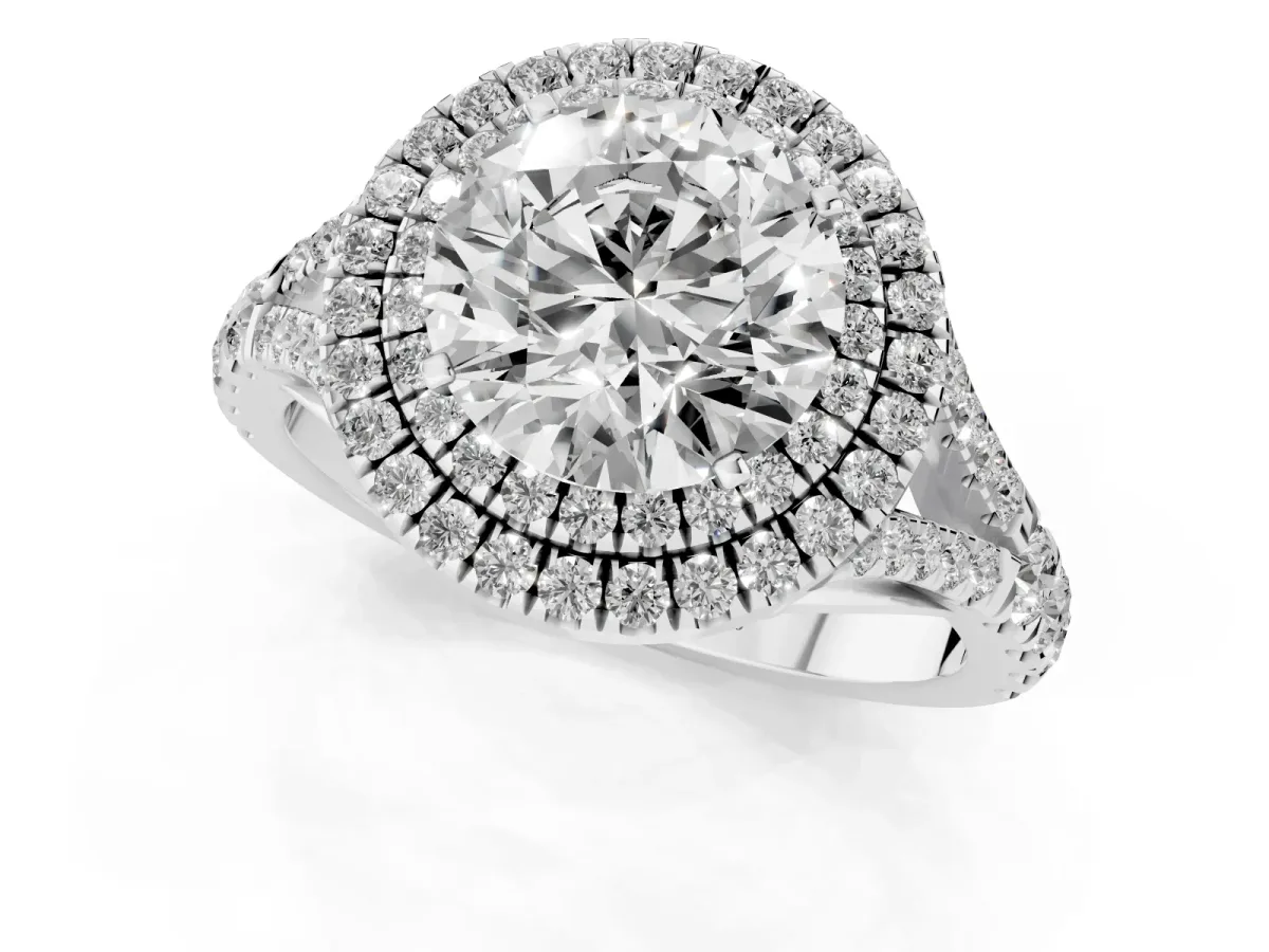 Double Halo Round Cut Diamond Split Shank Engagement Ring with Four-Prong Setting Silver