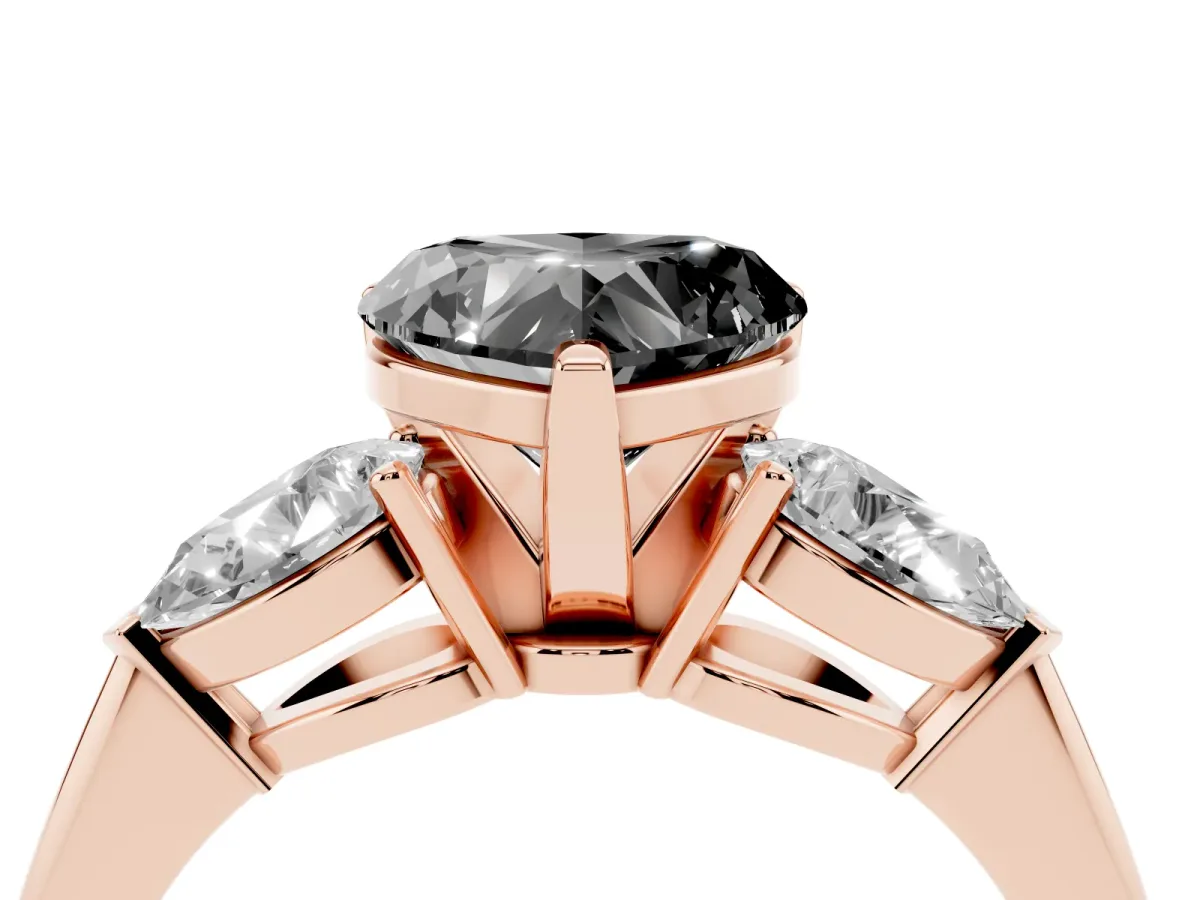 Fancy Black Three-Stone Heart Cut Diamond Ring with Pear Side Stones and Four-Prong Setting Rose gold