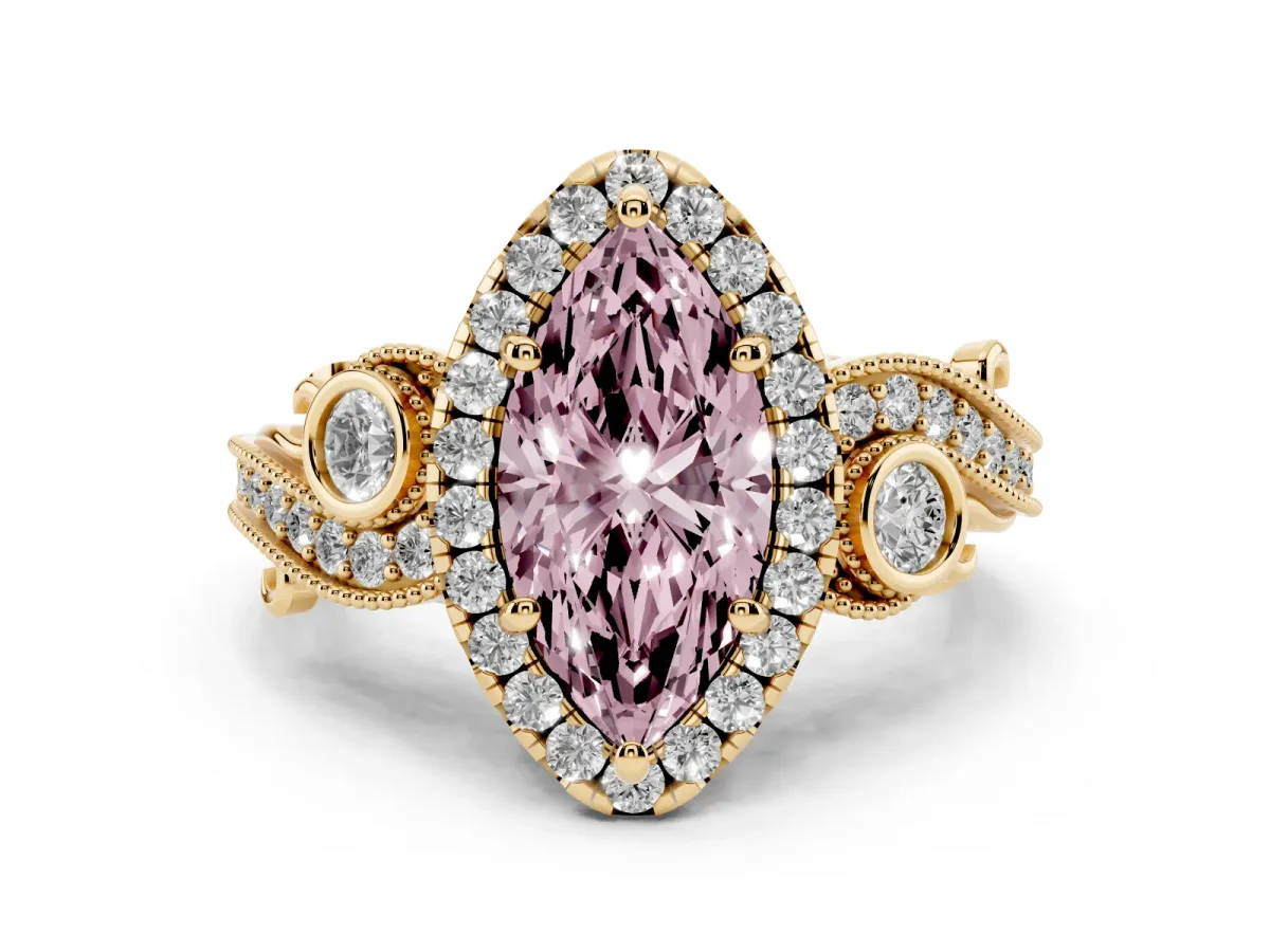 Fancy Pink Marquise Cut Diamond Halo Ring with Milgrain Pavé Band and Four-Prong Setting Yellow gold