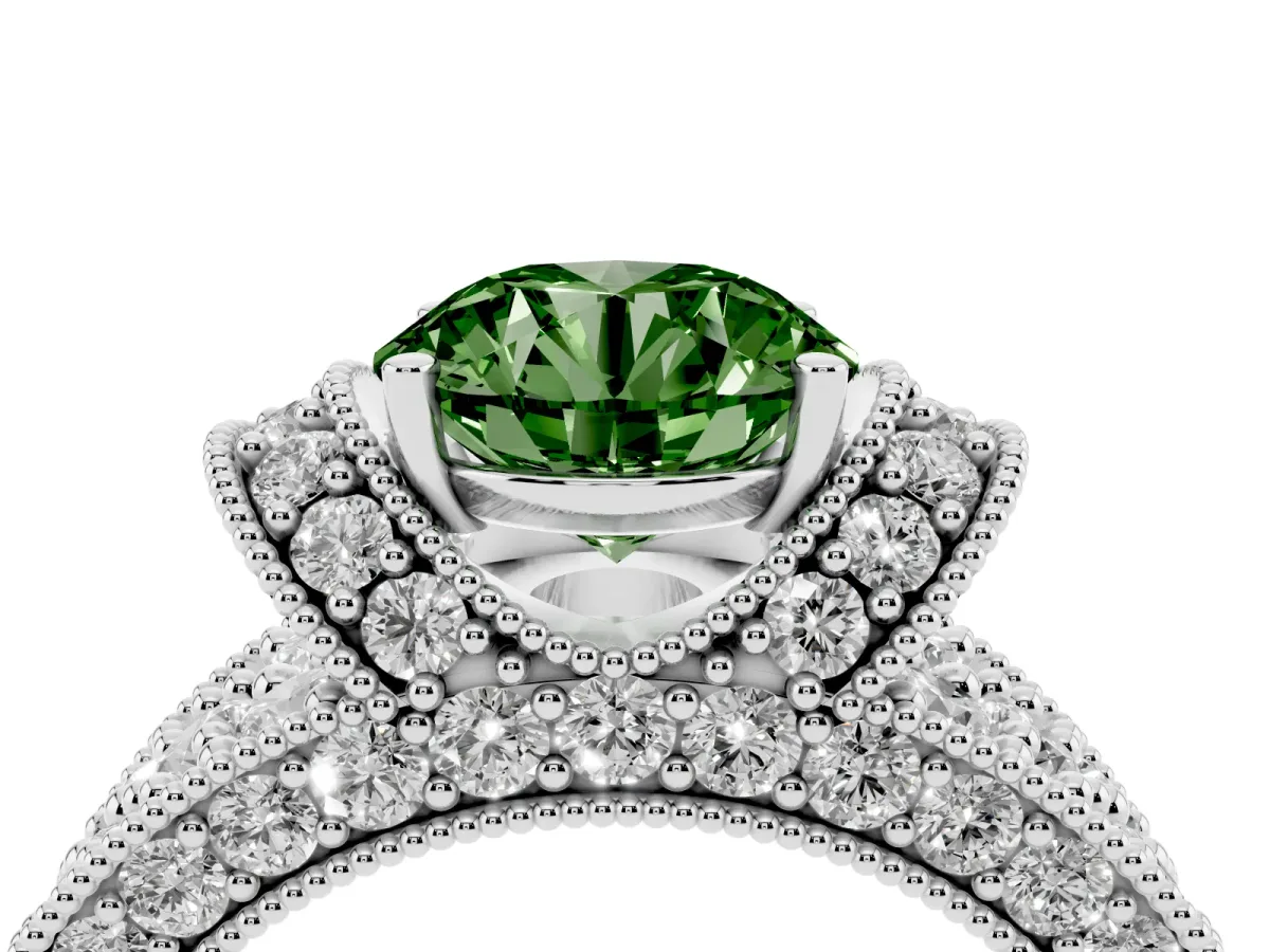 Fancy Green Round Cut Halo Pave Diamond Engagement Ring with Milgrain Detailing Silver