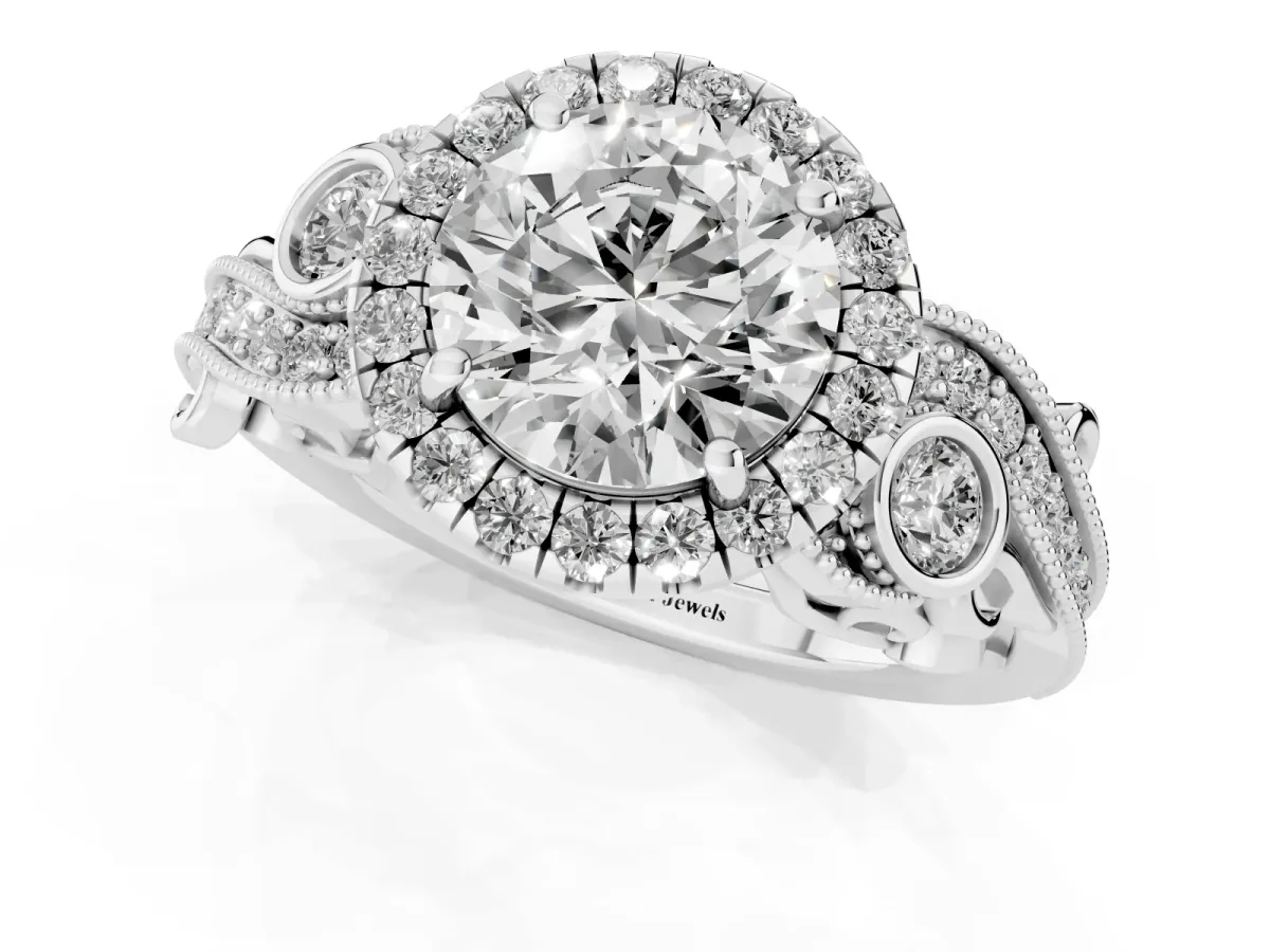 Round Cut Diamond Halo Ring with Milgrain Pavé Band and Four-Prong Setting Platinum