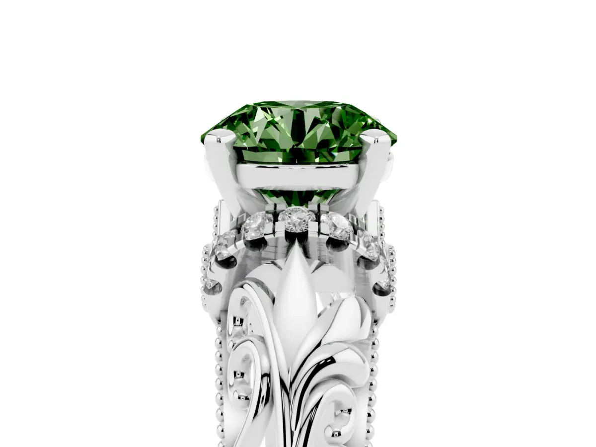 Fancy Green Round Cut Solitaire Filigree Engagement Ring with Halo and Prong Setting Silver
