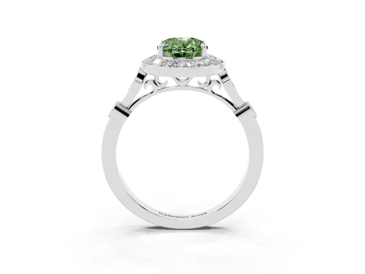 Fancy Green Oval Cut Halo Diamond Engagement Ring with Twisted Band and Four-Prong Setting White gold