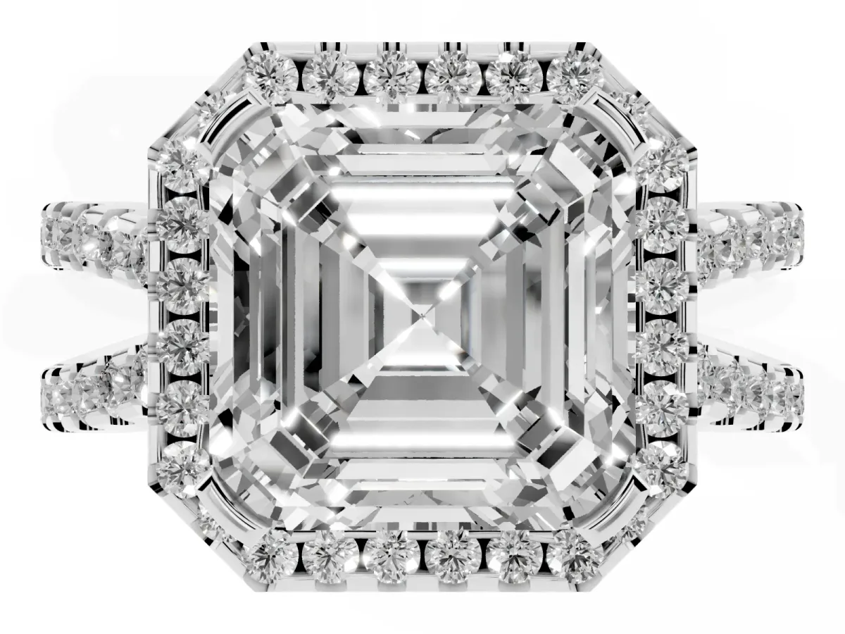 Asscher Cut Diamond Halo Ring with Split Shank Pavé Band and Prong Setting Silver