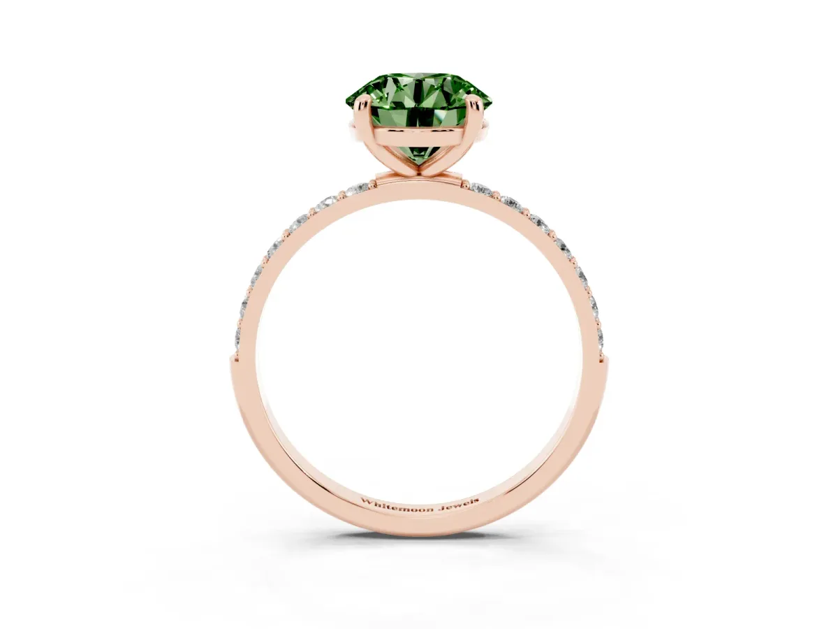 Fancy Green Round Cut Diamond Solitaire Ring with Round Pavé Band and Prong Setting Rose gold