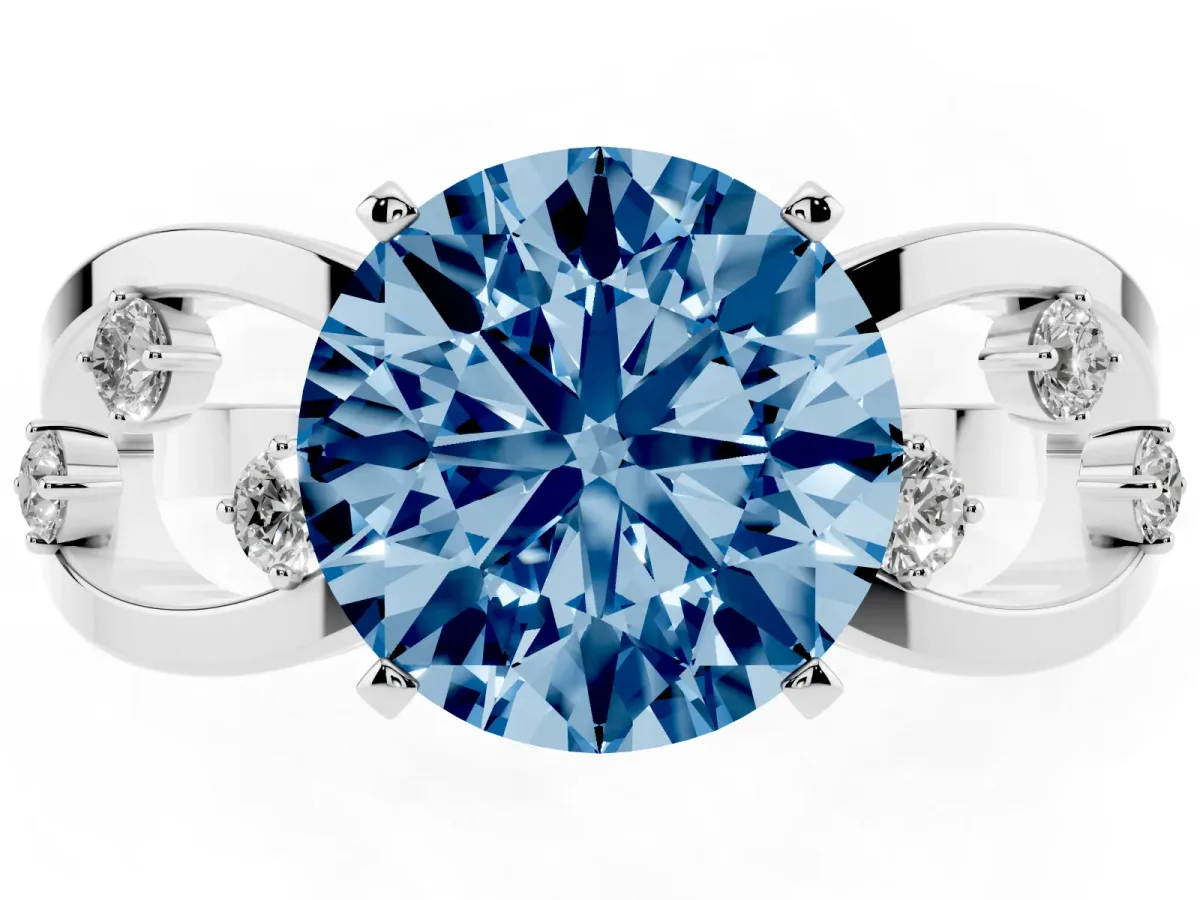 Fancy Blue Round Cut Cut Solitaire Diamond with Side Stones on Criss-Cross Band and Four-Prong Setting Silver