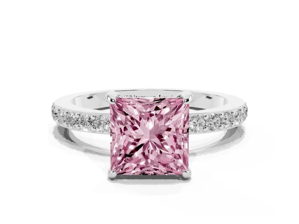 Fancy Pink Princess Cut Diamond Pavé Engagement Ring with Round Accents and Prong Setting Platinum