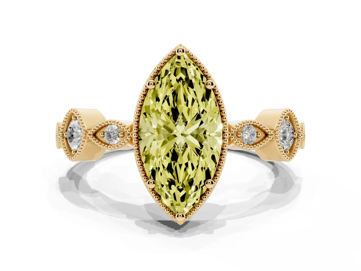 Fancy Yellow Marquise Cut Diamond Vintage Milgrain Ring with Round Stations Yellow gold