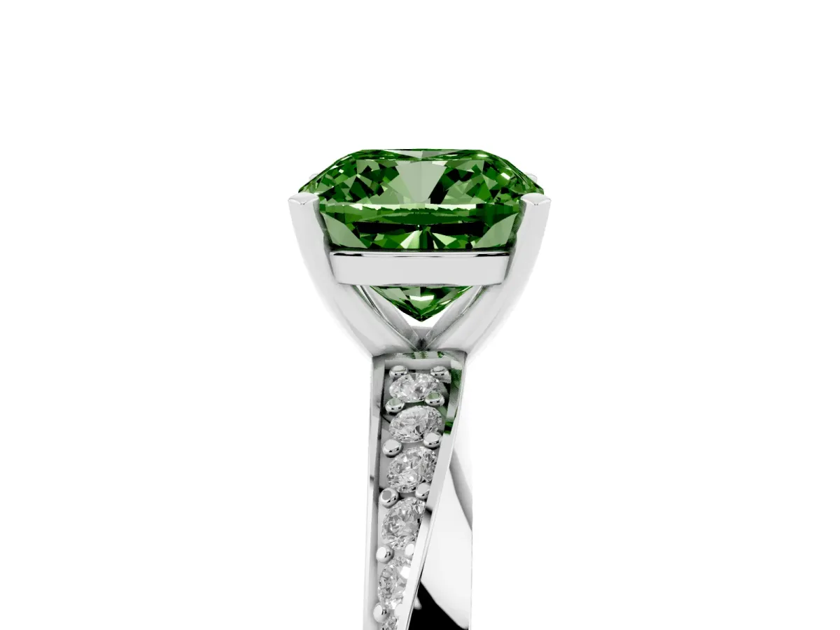 Fancy Green Cushion Cut Diamond Engagement Ring with Side Stone Accents and Four-Prong Setting Silver