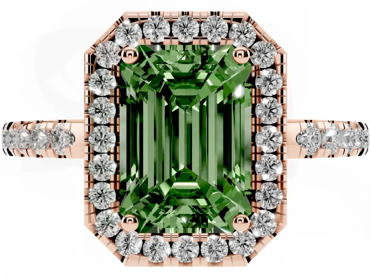 Fancy Green Emerald Cut Halo Diamond Engagement Ring with Pavé Band and Four-Prong Setting Rose gold