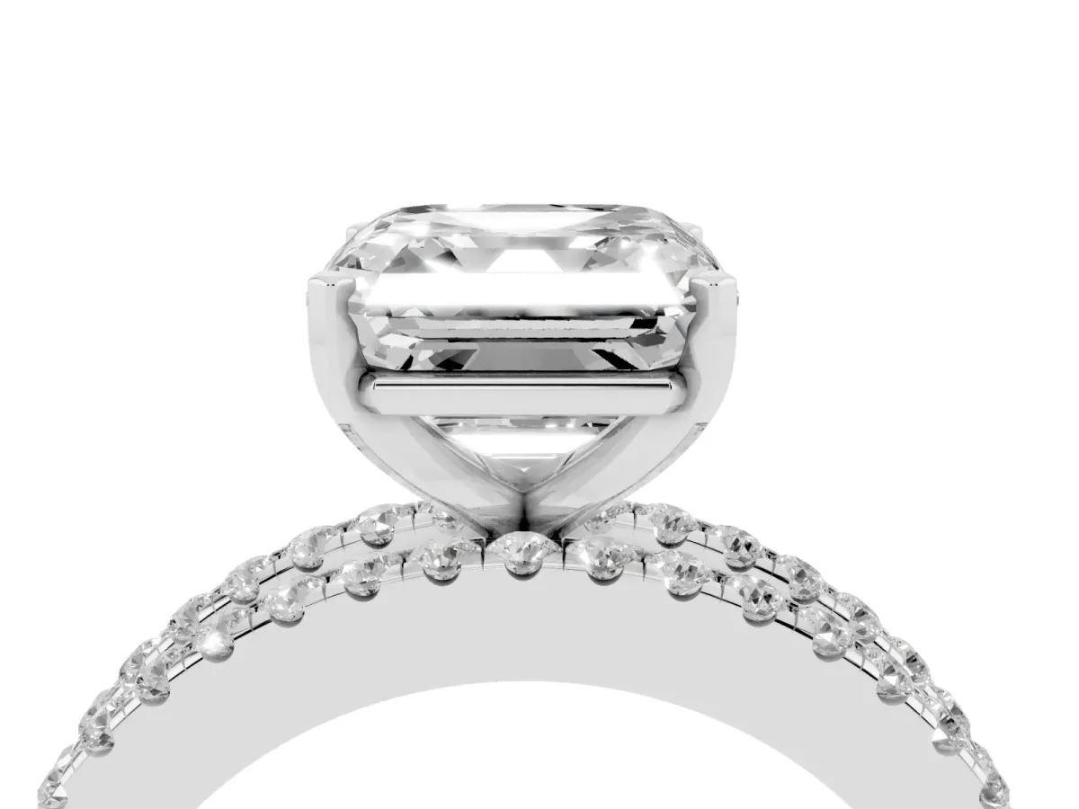 Asscher Cut Diamond Solitaire Ring with Pavé and Channel Set Band Silver