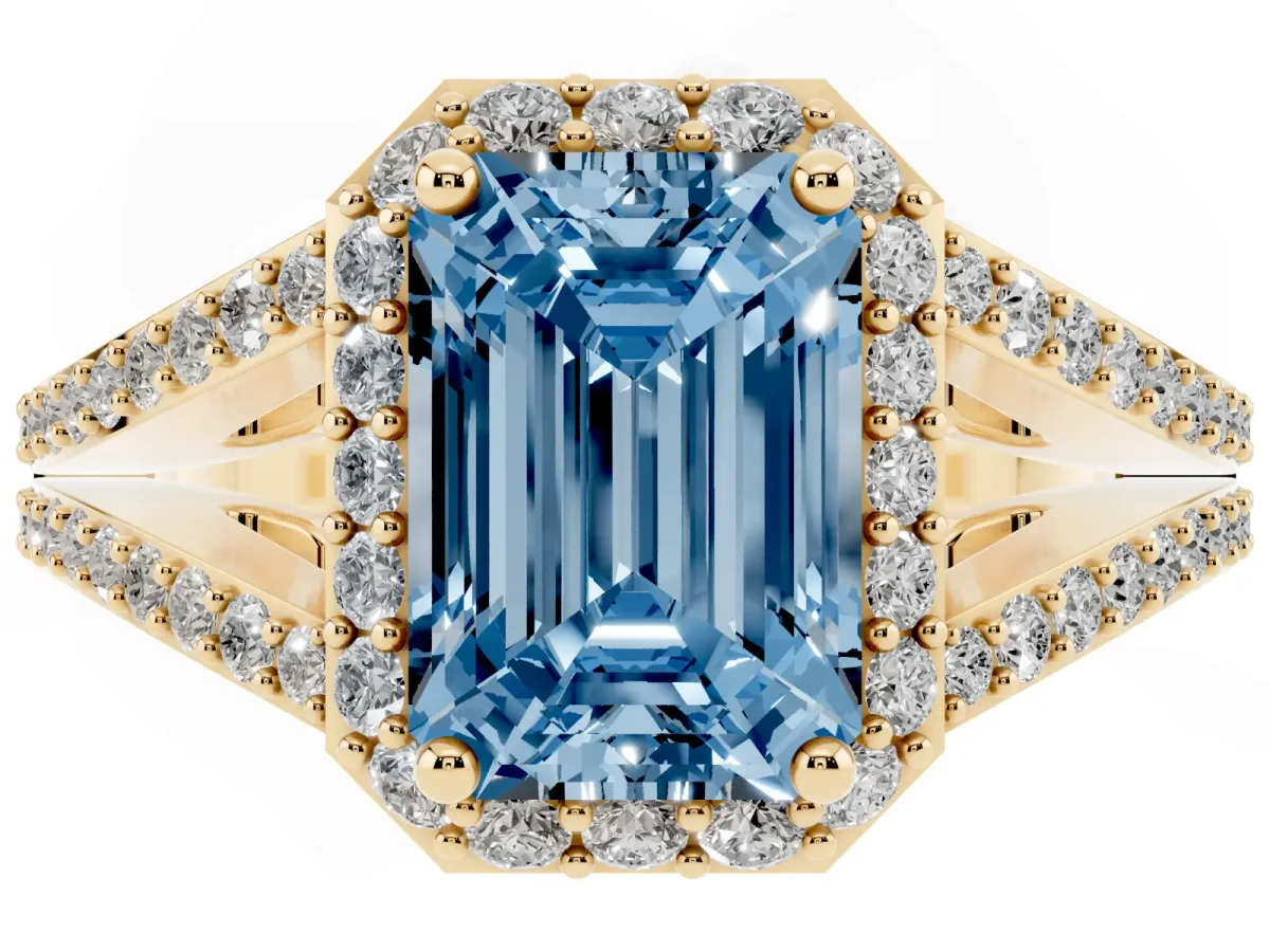 Fancy Blue Emerald Cut Halo Split Shank Diamond Ring with Prong Setting Yellow gold
