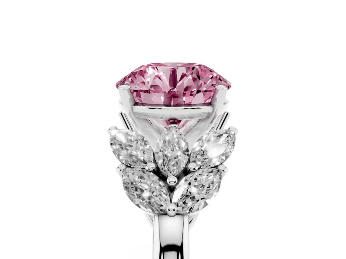 Fancy Pink Round Cut Diamond Cluster Leaf Design Ring with Prong Setting Silver