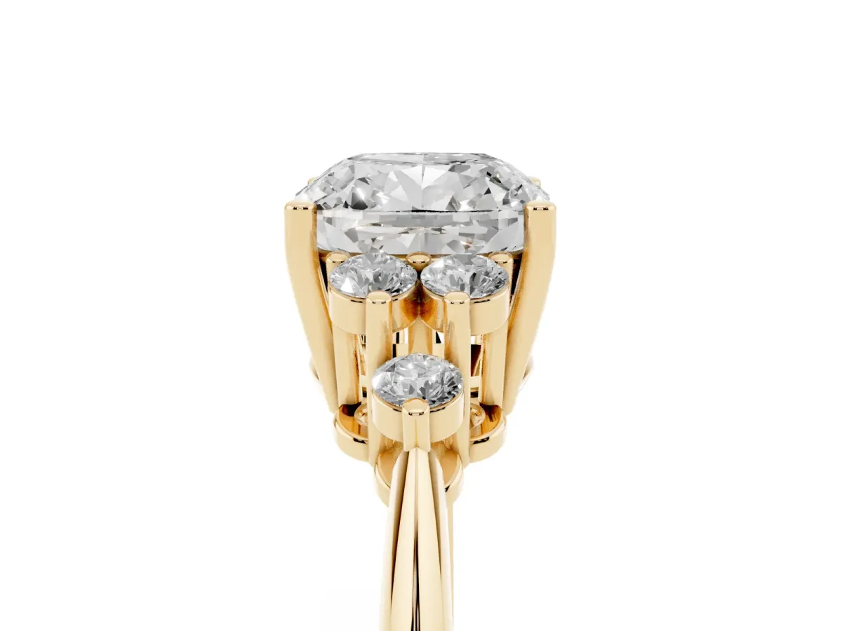Cushion Cut Cut Diamond Cluster Ring with Solitaire Band and Four-Prong Setting Yellow gold