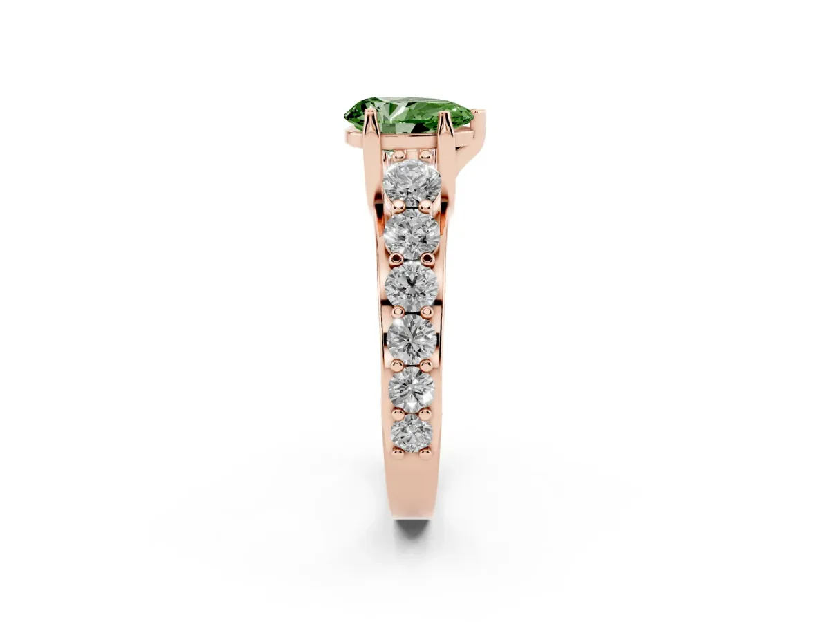 Fancy Green Pear Cut Diamond Engagement Ring with Pavé Band and Four-Prong Setting Rose gold