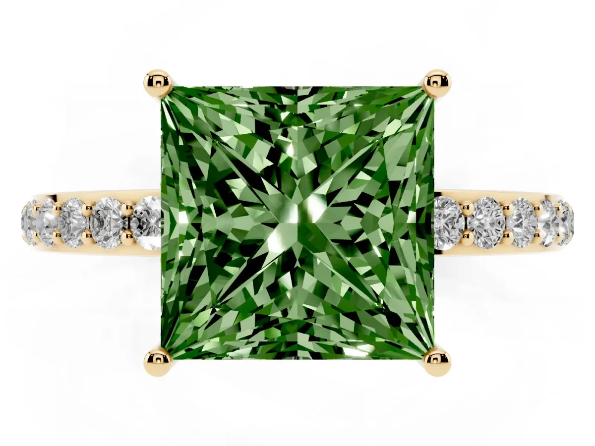 Fancy Green Princess Cut Diamond Solitaire Ring with Pavé Band and Hidden Halo Yellow gold