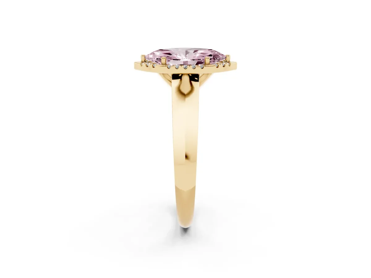 Fancy Pink Marquise Cut Halo Diamond Ring with Cathedral Band and Four-Prong Setting Yellow gold