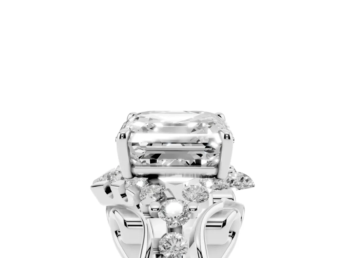 Asscher Cut Diamond Solitaire Ring with Hidden Halo and Pavé Band Platinum