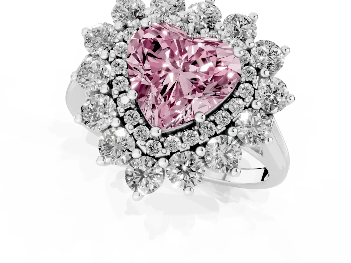 Fancy Pink Heart Cut Diamond Floral Double Halo Engagement Ring with Prong Setting Silver
