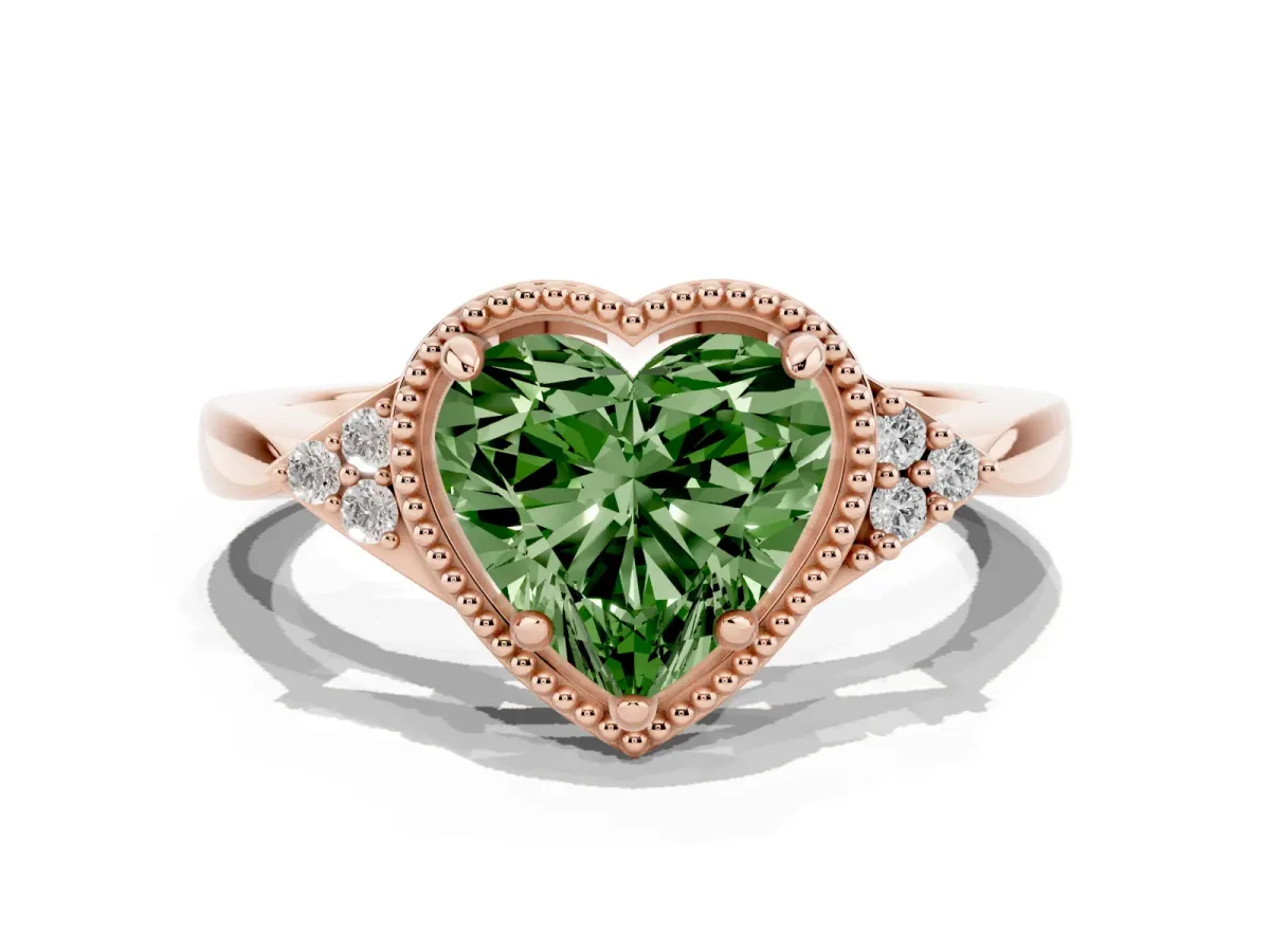 Fancy Green Hexagonal Halo Heart Cut Diamond Solitaire with Pavé Band and Four-Prong Setting Rose gold