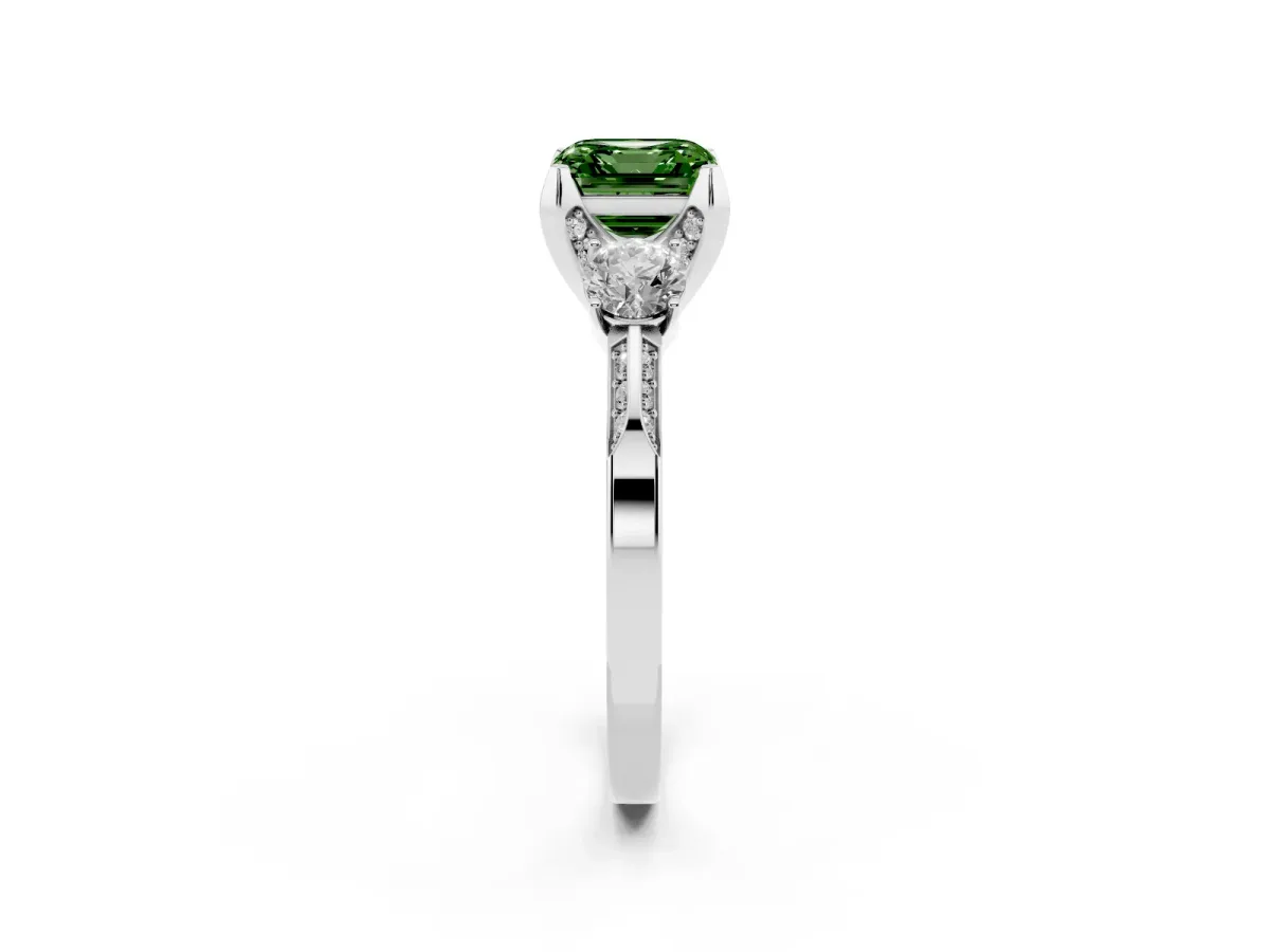 Fancy Green Asscher Cut Brilliant Three-Stone Diamond Ring with Pavé Band and Four-Prong Setting Silver