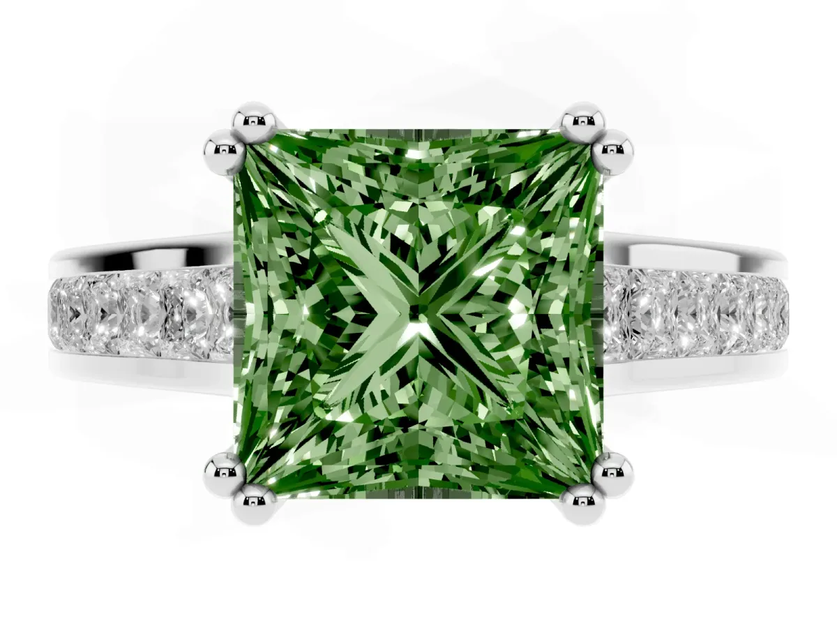 Fancy Green Princess Cut Cut Channel Set Solitaire Engagement Ring with Prong Setting Platinum
