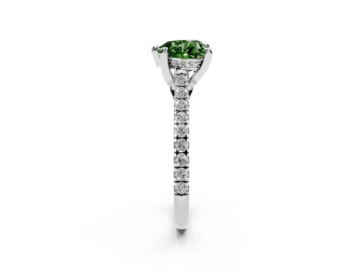 Fancy Green Heart Cut Brilliant Diamond Solitaire with Pavé Band and Four-Prong Setting White gold