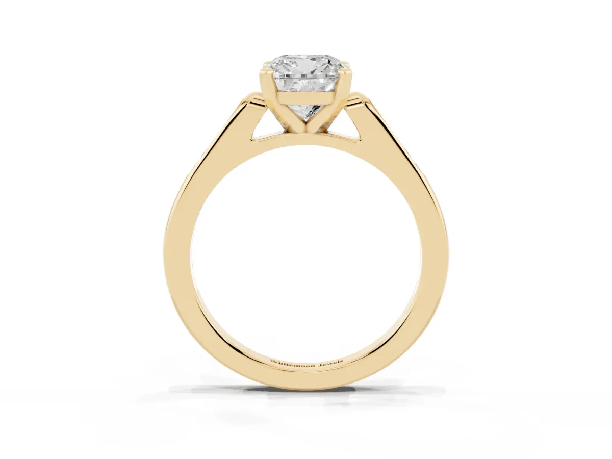 Cushion Cut Diamond Solitaire Ring with Channel Set Round Band and Prong Setting Yellow gold