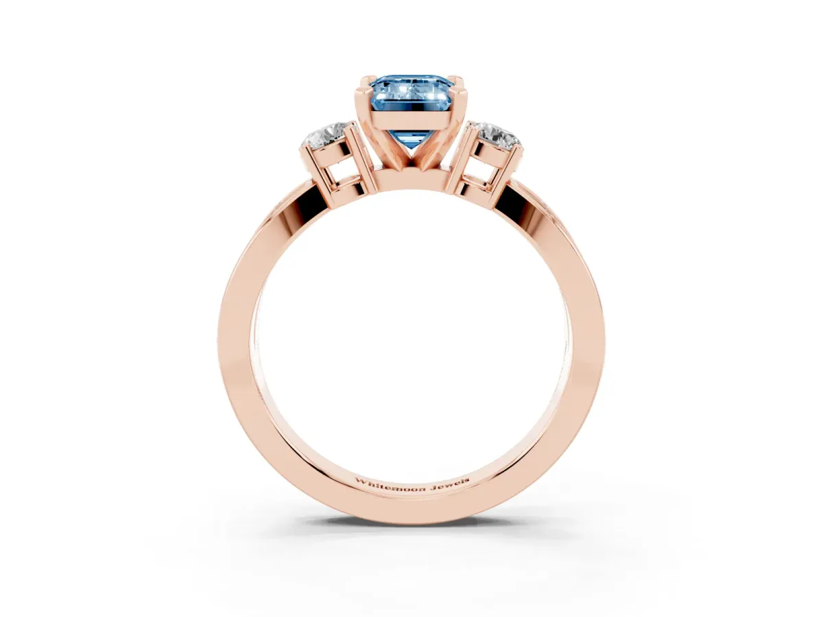 Fancy Blue Three-Stone Emerald Cut Cut Diamond Twist Band with Prong Setting Rose gold