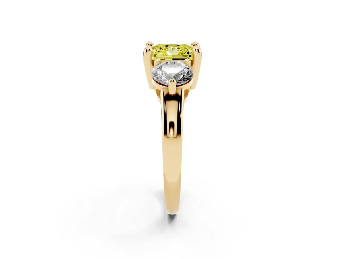 Fancy Yellow Three-Stone Princess Cut Brilliant Cut Solitaire Ring with Prong Setting on a Classic Band Yellow gold