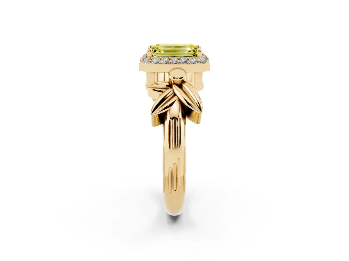 Fancy Yellow Emerald Cut Halo Diamond Floral Band with Four-Prong Setting Yellow gold