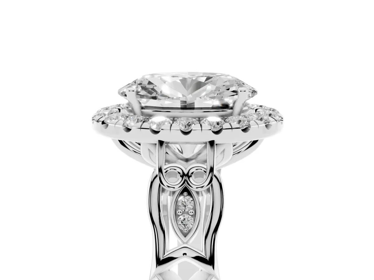 Oval Cut Halo Diamond Engagement Ring with Filigree Band and Four-Prong Setting White gold