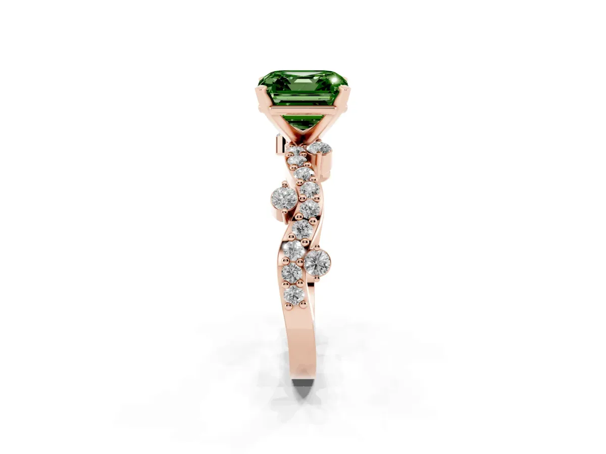 Fancy Green Asscher Cut Cut Solitaire Diamond Twisted Band with Pave Setting Rose gold