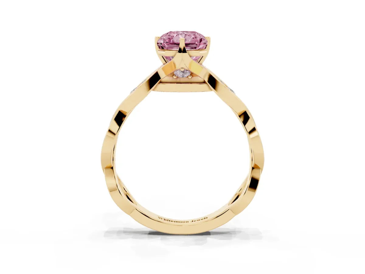 Fancy Pink Radiant Cut Solitaire Twist Band with Leaf Prong Setting Yellow gold