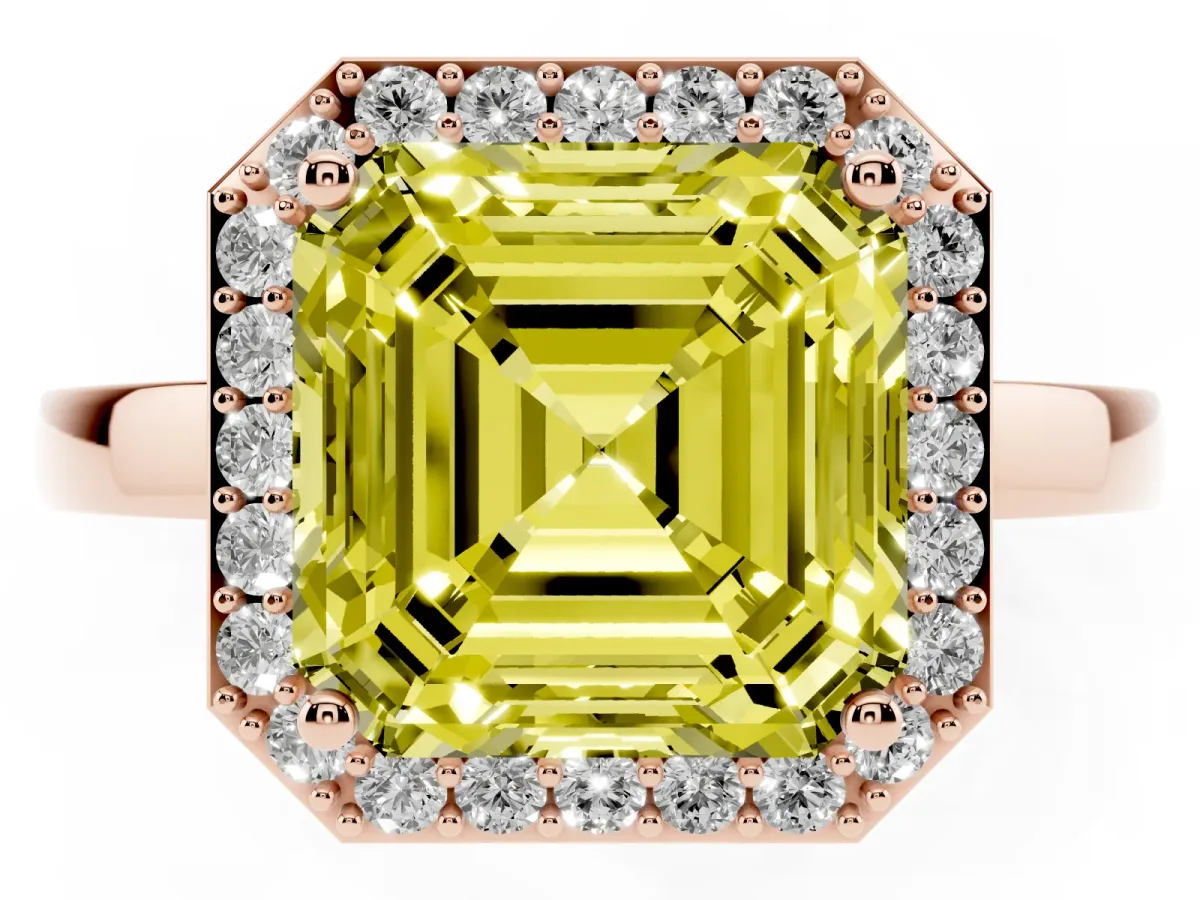 Fancy Yellow Asscher Cut Halo Diamond Ring with Solitaire Band and Prong Setting Rose gold