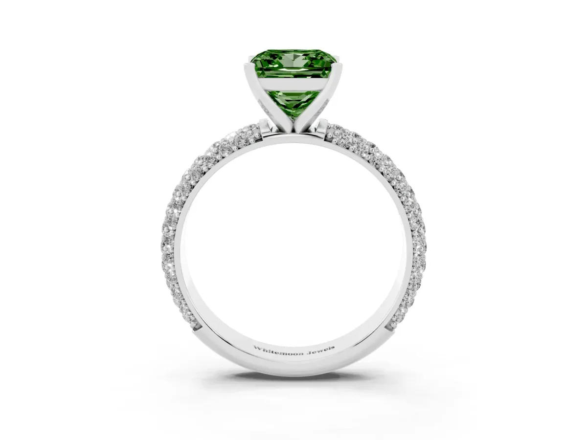 Fancy Green Princess Cut Diamond Solitaire Ring with Prong Setting and Pavé Band Silver